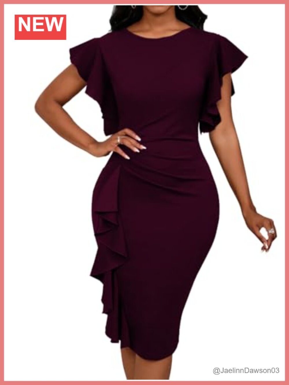 Ruffle Short Sleeve Midi Dress Bodycon Pencil Crew Neck Summer